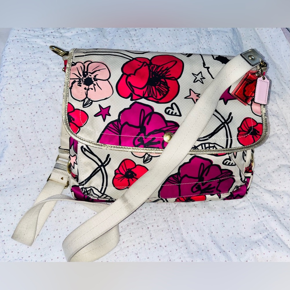 Coach Floral Print Canvas Laptop Bag in Cream, Pink, Fuchsia and Red